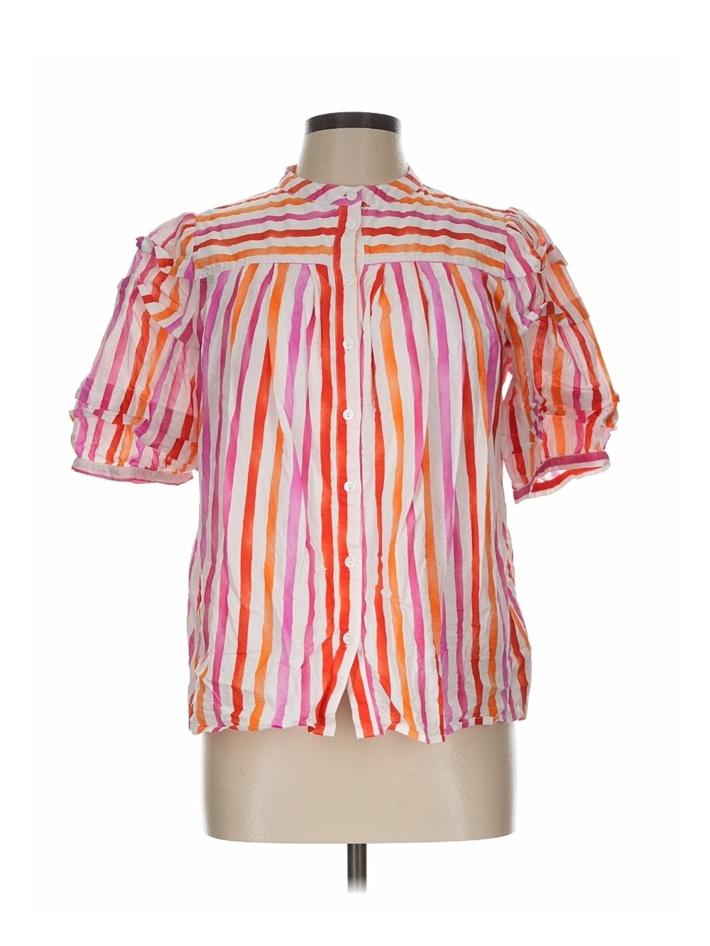 Fate Pink, Orange & White Striped Button-Front Puff Sleeve Top